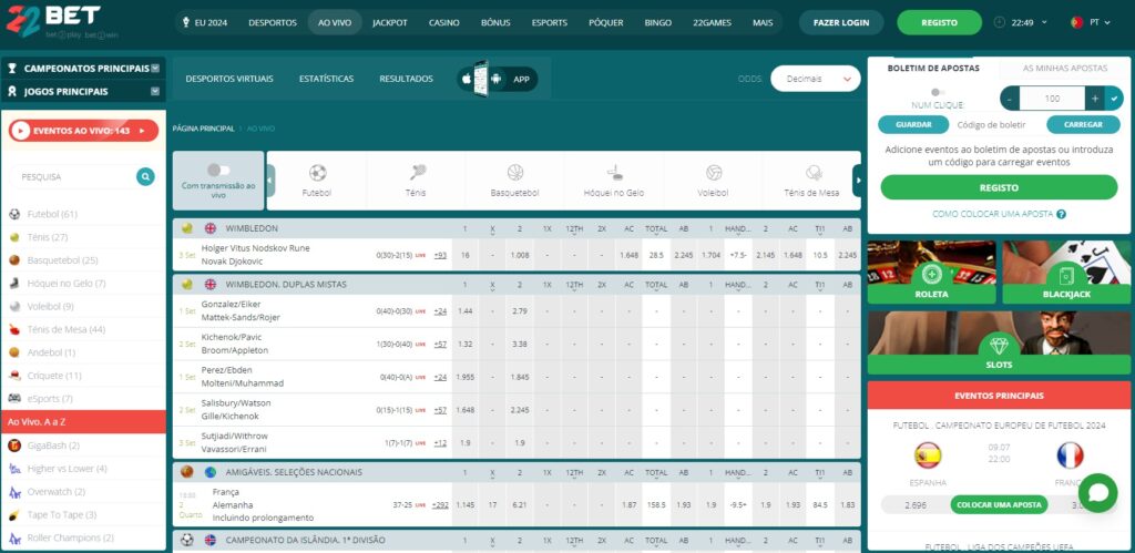 Apostas ao vivo 22Bet