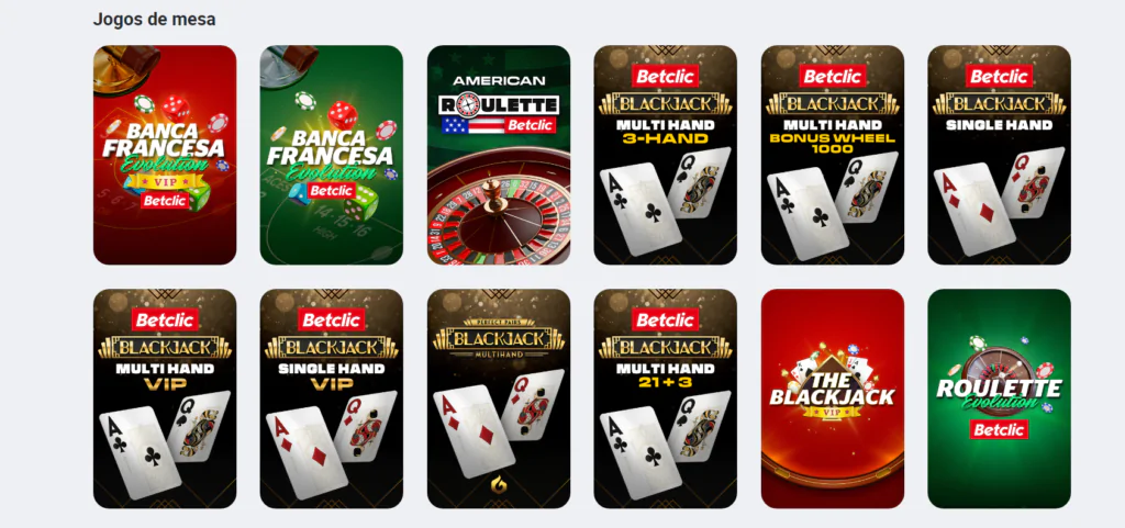 Jogos de mesa: Roleta, Blackjack, Poker