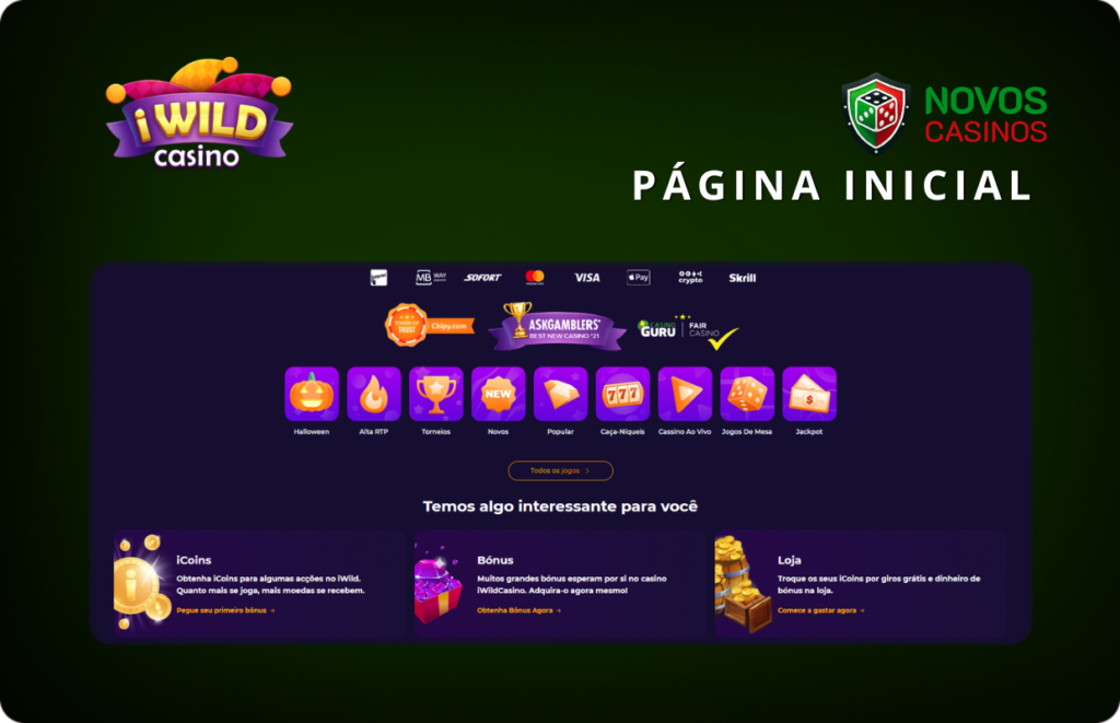 Página inicial do iWild Casino com jogos e bônus.