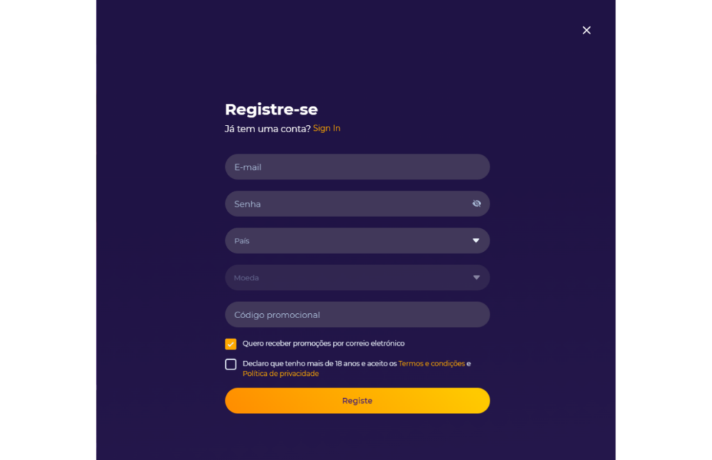 Tela de registro no iWild Casino.